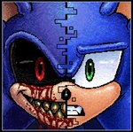 anthro black_nose black_sclera blood blood_from_eye blood_on_face blue_body blue_fur bodily_fluids creepy_face creepy_grin creepy_smile fur green_eyes male red_eyes scared sharp_teeth smile solo tan_muzzle teeth white_sclera skeletalheart creepypasta sega sonic_the_hedgehog_(series) sonic.exe sonic_the_hedgehog eulipotyphlan hedgehog mammal digital_media_(artwork) pixel_(artwork) portrait