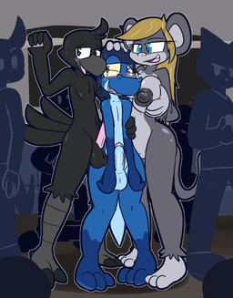 3_toes 4_fingers anthro anthro_on_anthro arm_grab ball_tuft balls beak big_breasts big_nipples black_balls black_body black_claws black_feathers blonde_hair blue_eyes blue_glans blue_hair blue_penis blue_pupils blush bodily_fluids bottomwear bottomwear_down breasts claws clothed clothing erection exhibitionism feathers feet female femboy fingers fur genitals glans gloves_(marking) green_eyes green_pupils grey_beak grey_body grey_fur grey_nipples grinding group hair half-closed_eyes heart_eyes heart_symbol holding_breast huge_breasts huge_nipples humanoid_genitalia humanoid_penis inside interspecies male male/female male/male markings narrowed_eyes nipples nude pants pants_down partially_clothed penis pink_glans pink_penis pupils purple_eyes purple_pupils silhouette sleeping sound_effects standing subway sweat talons toe_claws toes trio_focus tuft vowelless vowelless_sound_effect voyeur vulva yellow_sclera zzz ultilix cedric_(mattswolf) elise_(mattswolf) ulti_(ultilix) ambiguous_species avian bird corvid corvus_(genus) crow haplorhine lizard mammal monkey oscine passerine primate reptile scalie 2021 hi_res