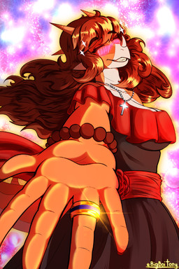 abstract_background anthro big_breasts blush bracelet breasts brown_hair clothed clothed_anthro clothed_female clothing cross digit_ring dress eyebrow_through_hair eyebrows eyes_closed facial_horn female fingers hair happy horn humanoid_hands jewelry long_hair necklace non-mammal_breasts orange_body reaching_towards_viewer ring side_view smile solo sparkles spiked_tail spikes spikes_(anatomy) tail tan_body text translucent translucent_hair wedding_ring bigboitony cavemanon_studios goodbye_volcano_high ko_op_(game_developer) snoot_game rosa_(gvh) aquilops ceratopsian dinosaur marginocephalian ornithischian prehistoric_species reptile scalie 2:3 absurd_res artist_name colored hi_res shaded