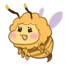 6_legs :3 ambiguous_gender antennae_(anatomy) blush chibi dot_eyes eyelashes flying open_:3 open_mouth simple_background simple_eyes smile solo sting white_background wings yellow_body norihito arthropod bee hymenopteran insect low_res