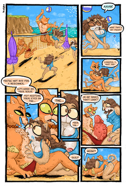 6_breasts anthro aroused ball beach beach_umbrella beach_volleyball blue_sky breasts brown_body brown_eyes brown_fur brown_hair clothing dialogue duo erection female fur genitals green_eyes hair male male/female multi_breast multicolored_body multicolored_fur net nipple_slip nipples orange_body orange_fur parasol penis red_clothing red_penis red_speedo red_swimwear sand sea sky slipping speedo spiked_penis spikes spikes_(anatomy) sport swimwear tan_body tan_fur text two_tone_body two_tone_fur volleyball volleyball_(ball) volleyball_net wardrobe_malfunction water bubbalossom domestic_cat felid feline felis mammal comic english_text hi_res