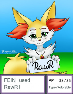 ambiguous_gender anthro biped blue_background blush eyewear freckles fur glasses green_background green_eyes gui half-closed_eyes inner_ear_fluff jewelry looking_at_viewer narrowed_eyes necklace nude outside red_body red_fur red_nose ring sign simple_background smile solo text tuft white_body white_fur yellow_body yellow_fur mancoin nintendo pokemon fan_character fein_(newzorra) braixen canid canine generation_6_pokemon mammal pokemon_(species) 2016 english_text hi_res signature