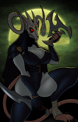 anthro bone bone_mask breasts butt claws clothing female fingerless_gloves gloves handwear horn knife mask moon night red_eyes skull skull_mask solo tail blazbaros warhammer_(franchise) warhammer_fantasy mammal murid murine rat rodent skaven verminlord hi_res