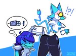 ?! ambiguous_gender angry bubble butt clothed clothing clothing_lift duo electronics embarrassed female female_focus humor machine raised_clothing thought toony usb thatguynamedjoe deltarune undertale_(series) kris_(deltarune) tasque_manager android felid human humanoid mammal robot animated hi_res short_playtime signature