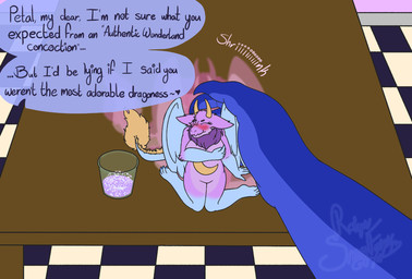 anthro beverage blue_body blue_ears blue_paws blue_wings blush breasts container covering covering_self cup cupping dewlap_(anatomy) dialogue duo embarrased_female embarrassed extreme_size_difference featureless_breasts featureless_crotch female first_person_view fluffy fluffy_ears fur furniture horn inside larger_male macro magic male male/female micro multicolored_body multicolored_fur nude_anthro onomatopoeia pink_body pink_fur purple_body purple_fur romantic romantic_couple shrinking shrunk size_difference size_transformation smaller_female sound_effects speech_bubble table tail teasing text transformation two_tone_body wings robynsnowyfoxxo mythology drak_(digitalscales) petal_(dapperhedgehog) dragon fairy_dragon furred_dragon furred_scalie lizard mythological_creature mythological_scalie reptile scalie winged_dragon english_text hi_res