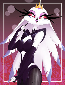 anthro black_clothing black_gloves black_handwear clothing crown eyelashes female fishnet_clothing fishnet_legwear fur gloves hair handwear headgear leggings legwear leotard long_eyelashes long_hair looking_at_viewer pink_eyes simple_background smile solo white_body white_face white_fur white_hair bmonedula hellaverse helluva_boss stella_(helluva_boss) anatid anseriform anserine avian avian_demon bird demon swan hi_res