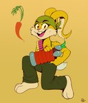 anthro bottomwear carrot clothed clothing crouching female food fur green_bottomwear green_clothing green_pants gun holding_gun holding_object holding_ranged_weapon holding_weapon kerchief looking_at_viewer open_mouth open_smile pants plant ranged_weapon smile solo vegetable weapon yellow_body yellow_fur poiuytrew atomicrops furryosa_(atomicrops) lagomorph leporid mammal rabbit 2021 hi_res