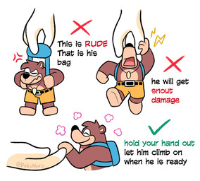 anthro backpack belt biped black_nose bottomwear brown_body brown_fur clothed clothing disembodied_hand duo fur jewelry male necklace shorts simple_background solo_focus text topless white_background yellow_bottomwear yellow_clothing yellow_shorts dekunaro banjo-kazooie rareware banjo_(banjo-kazooie) bear mammal 2023 english_text signature