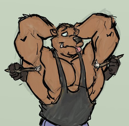 anthro black_clothing black_nose black_shirt black_tank_top black_topwear brown_body brown_fur brush clothing duo fur hands_behind_head holding_brush holding_object holding_paintbrush male paintbrush pecs shirt tank_top tickle_fetish tickling tickling_armpits topwear kctk mammal mustelid musteline true_musteline weasel