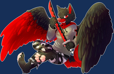 anthro back_wings barefoot black_body black_claws black_feathers black_fur bottomwear breasts camo camo_bottomwear camo_clothing camo_pants camo_print claws clothed clothing drawstring_hoodie facial_scar feathered_wings feathers feet female foot_scar fully_clothed fur grey_bottomwear grey_clothing grey_hoodie grey_pants grey_topwear grin head_tuft hindpaw holding_melee_weapon holding_object holding_sword holding_weapon hoodie inner_ear_fluff melee_weapon narrowed_eyes nose_scar outline pants pattern_bottomwear pattern_clothing pattern_pants pawpads paws pink_pawpads pink_scar pupils red_body red_eyes red_feathers red_fur red_inner_ear_fluff red_nose scar simple_background slit_pupils smile solo sword tail topwear transparent_background tuft weapon white_outline wings crownedvictory canid canine mammal 2015 alpha_channel digital_drawing_(artwork) digital_media_(artwork) full-length_portrait portrait shaded
