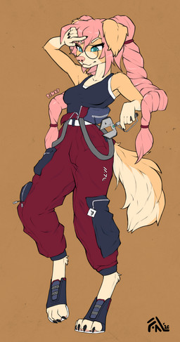 4_toes 5_fingers anthro arm_tuft biped black_bottomwear black_clothing black_topwear blue_eyes bottomwear braided_hair braided_pigtails brown_background brown_body brown_fur claws clothing digitigrade eyewear feet female finger_claws fingers floppy_ears fluffy fluffy_ears fluffy_tail fur futuristic_theme glasses hair hand_on_forehead happy highlights_(coloring) leaning leaning_on_arm long_hair mouth_closed multicolored_body multicolored_fur paws pink_hair pink_nose red_bottomwear red_clothing red_shorts shirt shorts shoulder_tuft simple_background skinny skinny_anthro skinny_female solo tail tan_body tan_fur tank_top toes tools topwear tuft utility_pants wrench fluffyminx pinky_(fluffyminx) bird_dog canid canine canis domestic_dog golden_retriever hunting_dog mammal retriever hi_res