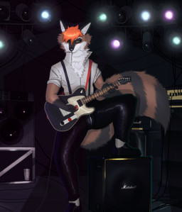 amplifier bulge electric_guitar guitar guitar_pick guitarist hair male musical_instrument orange_hair plucked_string_instrument solo string_instrument hazed01 marshall_amplification canid canine canis hybrid mammal procyonid raccoon wolf absurd_res hi_res