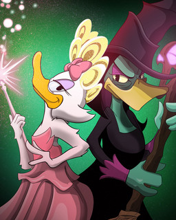 4_fingers anthro arms_bent beak beak_closed black_clothing black_dress black_eyebrows black_eyes black_hair black_hat black_headwear broom cleaning_tool closed_smile clothed clothed_anthro clothed_female clothing cosplay crossover_cosplay dress duo eyebrows eyelashes feathers female fingers furrowed_eyebrows green_background hair hat headgear headwear holding_broom holding_cleaning_tool holding_object holding_wand light looking_at_viewer magic magic_user medium_hair mouth_closed no_eyebrows orange_beak pink_bow pink_clothing pink_dress purple_eyelids simple_background smile smiling_at_viewer sparkles wand white_body white_feathers witch witch_hat yellow_sclera daniel_middleton disney ducktales ducktales_(2017) the_wonderful_wizard_of_oz wicked_(movie) wicked_(musical) daisy_duck glinda magica_de_spell wicked_witch_of_the_west anatid anseriform avian bird duck 2025 4:5 absurd_res colored crossover digital_drawing_(artwork) digital_media_(artwork) english_description hi_res lighting shaded