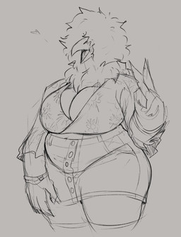 anthro beak belly big_belly big_breasts bottomwear breasts clothed clothing female female_anthro front_view gesture hand_gesture huge_breasts navel non-mammal_breasts non-mammal_navel obscured_eyes open_mouth overweight overweight_anthro overweight_female simple_background solo standing thick_thighs tongue topwear v_sign wide_hips jezzlen avian bird chicken galliform phasianid hi_res monochrome portrait sketch three-quarter_portrait