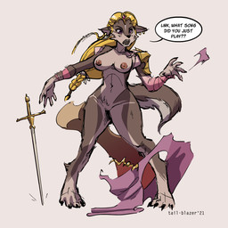 after_transformation alternate_species anthro biped breasts claws clothing digitigrade female front_view fur furrification grey_body grey_fur hair human_to_anthro melee_weapon navel nipples solo species_transformation speech_bubble standing sword text torn_clothing transformation wardrobe_malfunction weapon tail-blazer nintendo the_legend_of_zelda princess_zelda canid canine canis mammal wolf 1:1 2021 colored digital_media_(artwork) english_text hi_res