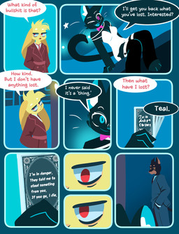 ambiguous_gender anthro black_body black_clothing black_fur black_leg_warmers black_legwear bow_tie breasts card clothing coat collared_shirt dialogue dress dress_shirt female fur group hand_in_pocket leg_warmers legwear male necktie paws playing_card pockets red_eyes shirt sitting speech_bubble standing text threatening tired_eyes topwear trenchcoat hydrabb canid canine canis dobermann domestic_cat domestic_dog felid feline felis lagomorph leporid mammal pinscher rabbit absurd_res comic digital_media_(artwork) english_text hi_res