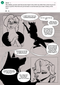 blonde_hair clothed clothed_feral clothing dialogue duo female feral gem hair jewelry necklace pearl_(gem) tail text elicitie manahallowhound miss_marilyn_(elicitie) bird_dog canid canine canis domestic_dog golden_retriever hunting_dog mammal retriever absurd_res comic english_text hi_res