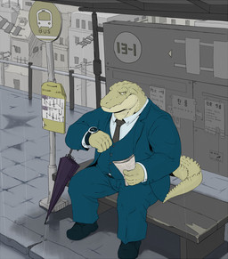 anthro belly big_belly biped bottomwear bus_stop business_suit clock clothing detailed_background green_body humanoid_hands kemono male necktie outside overweight overweight_male pants shirt sitting solo suit topwear watch wristwatch hodol crocodile crocodilian reptile scalie 2015