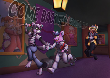 angry anthro brush butt_flap chasing clothing dialogue drop_seat_pajamas dropseat eyewear feet female glasses group hair hand_holding maid_uniform male male/female messy_hair mischievous onesie paintbrush pajamas smile text trio uniform sqwek felix_(crinklebat) bat canid canine domestic_cat felid feline felis mammal english_text