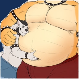 anthro belly biceps big_belly black_hair bottomwear clothed clothing collar denim denim_bottomwear denim_clothing denim_shorts duo eyes_closed fur hair hug jewelry male male/male musclegut muscular muscular_anthro muscular_male open_mouth overweight overweight_male paws shorts simple_background size_difference smile spikes thick_thighs white_body white_fur radonryu mario_bros nintendo bowser langdon_marston canid canine canis domestic_dog husky koopa mammal nordic_sled_dog scalie spitz 1:1 absurd_res hi_res