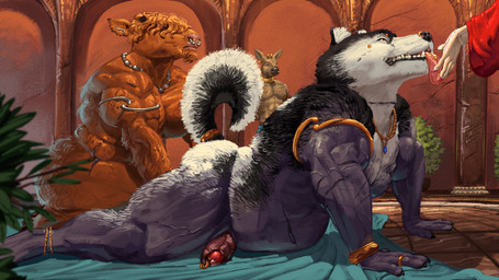 anthro bdsm biceps big_butt big_penis black_penis bracelet brown_cock butt clothed clothing concubine cut_horns eyebrow_piercing facial_piercing foreskin genitals giche_piercing glans hairless jewelry male musclegut muscular muscular_anthro muscular_male nose_piercing nude overweight overweight_male partially_clothed penis petplay piercing puppyplay red_glans ring roleplay scar tongue tongue_out avalath_tiger bovid bovine canid canine canis cattle domestic_dog highland_cattle husky mammal nordic_sled_dog spitz 16:9 hi_res widescreen