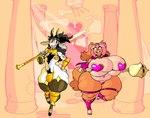 anthro armor bevor black_hair brown_eyes bulge clothed clothing cloven_hooves collar colored_nails colored_toenails duo feet female fur hair holding_melee_weapon holding_object holding_sword holding_weapon hooves horizontal_pupils male melee_weapon metal_pasties nails nipple_armor orange_body orange_fur pink_hair pupils purple_clothing pussy_armor skimpy sword swordstaff toenails toes unconvincing_armor weapon white_body white_fur yellow_clothing jinti_(artist) jinti maty bovid canid canine canis caprine domestic_dog goat mammal 2023 digital_media_(artwork) hi_res signature