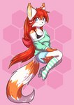 anthro black_nose blue_eyes bottomwear bra breasts clothed clothing dolphin_shorts female fur hair inner_ear_fluff leg_stockings orange_body orange_fur red_hair ribbons shorts simple_background solo sweater topwear tuft underwear white_body white_fur logoo sami_(red_panda) ailurid mammal red_panda