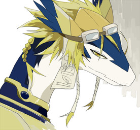 ambiguous_gender anthro blonde_hair blue_body braided_hair collar eyewear goggles hair looking_at_viewer multicolored_body simple_background solo two_tone_body white_background white_body yellow_sclera sigi0406 legendz mythology shiron dragon mythological_creature mythological_scalie scalie windragon headshot_portrait portrait