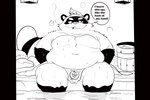 anthro asian_clothing belly bulge clothing east_asian_clothing fundoshi hot_spring japanese_clothing male moobs navel overweight partially_submerged solo text underwear water rinhatsuyuki canid canine mammal raccoon_dog tanuki 3:2 english_text hi_res