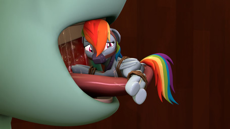 bdsm bodily_fluids bondage bound dock_(anatomy) duo ears_down extreme_size_difference female female/female feral forced hair looking_back multicolored_hair multicolored_tail muzzle_(object) muzzled open_mouth pivoted_ears quadruped rainbow_hair rainbow_tail saliva saliva_string size_difference tail tears tongue tongue_out unwilling_prey vore wings stuffguy123 friendship_is_magic hasbro my_little_pony mythology lightning_dust_(mlp) rainbow_dash_(mlp) equid equine horse mammal mythological_creature mythological_equine pegasus pony 16:9 3d_(artwork) 4k absurd_res digital_media_(artwork) hi_res source_filmmaker_(artwork) widescreen