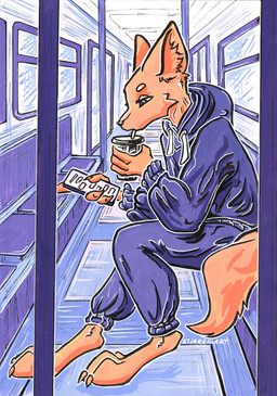anthro claws clothing container cup drinking electronics hoodie inside_train looking_down male on_phone paws phone phone_screen sipping sitting solo topwear train vehicle stirren canid canine fox mammal red_fox true_fox absurd_res hi_res traditional_media_(artwork)
