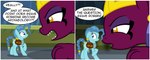 amber_eyes bag border dialogue duo eyeshadow female makeup purple_eyeshadow scrunchy_face sharp_teeth teeth text white_border badumsquish friendship_is_magic hasbro my_little_pony mythology petunia_paleo_(mlp) sphinx_(mlp) equid equine felid horse mammal mythological_creature mythological_sphinx pony absurd_res comic english_text hi_res