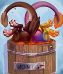 barrel butt duo food honey_(food) male male/male tail text upside_down mythology gabrielgryphon_(character) raynar avian bird dragon gryphon lizard mythological_avian mythological_creature mythological_scalie reptile scalie german_text hi_res translated