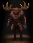 anthro antlers beard big_antlers black_background black_hooves bottomless brown_body brown_fur brown_tuft clothed clothing detailed_fur dirt ears_down facial_hair featureless_crotch fingers fluffy fur glowing glowing_eyes hooved_fingers hooves horn light looking_at_viewer male mostly_nude neck_tuft no_pupils open_clothing open_shirt open_topwear orange_beard orange_facial_hair pivoted_ears shadow shirt shirt_only simple_background solo standing thick_thighs topwear topwear_only tuft yellow_antlers harko_hz don't_starve klei_entertainment woodie_(don't_starve) deer mammal moose new_world_deer were weredeer weremoose werenew_world_deer 2021 colored detailed full-length_portrait hi_res lighting portrait shaded signature