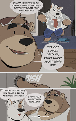 abs anthro apartment areola barazoku biceps big_muscles biped black_eyebrows black_eyes black_nose blep bottomwear brown_body brown_fur clothed clothing crotch_tuft deltoids dialogue duo eyebrows eyes_closed forearm_muscles fully_clothed fur fur_markings furniture hair hat headgear headwear inside internal interspecies looking_at_another looking_down male manly markings mature_anthro mature_male monotone_body monotone_fur multicolored_body multicolored_fur muscular muscular_anthro muscular_male neck_tuft obliques open_mouth overweight overweight_anthro overweight_male patreon_logo patreon_username pecs pivoted_ears plant pseudo_hair push pushing quads raining short_hair simple_background smile speech_bubble teeth teeth_showing text tongue tongue_out toony topwear triceps tuft twitter_logo walking wet wet_clothing white_body white_fur vitashi patreon twitter bear canid canine canis domestic_dog mammal 2024 absurd_res artist_name comic digital_media_(artwork) english_text hi_res sequence signature