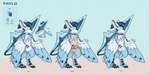 4_ears blue_hair buckle chain choker clothing collar feathered_wings feathers hair ice jewelry male multi_ear necklace pink_collar rope snow solo winged_arms wings yellow_clothing bedsheetwalking taylo_(hyperabyss) avali avian 2:1 absurd_res hi_res