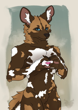 abs anthro big_ears blue_eyes broad_chest brown_body brown_fur fluffy fur gesture hands_making_heart heart_gesture looking_at_viewer male male/male markings muscular muscular_male nude pecs smile solo spots spotted_body spotted_fur tail white_body white_fur kisty777 yecahoo african_wild_dog canid canine humanoid mammal absurd_res full-length_portrait hi_res portrait