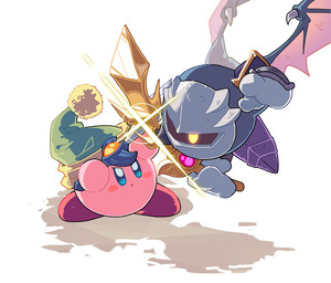 ambiguous_gender attack biped blue_body blue_eyes blush blush_stickers claws clothing duo feral fight flying galaxia_(sword) gloves glowing glowing_eyes handwear holding_melee_weapon holding_object holding_sword holding_weapon male mask melee_weapon membrane_(anatomy) membranous_wings one_eye_obstructed pink_body red_body shoulder_guards simple_background sword swordfight weapon wearing_mask white_background wing_claws wings yellow_eyes mutekyan kirby_(series) nintendo kirby meta_knight sword_kirby waddling_head 2022 digital_drawing_(artwork) digital_media_(artwork) male_(lore)