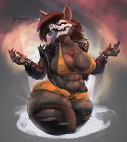 abs anthro big_breasts black_body black_breasts black_clothing black_fur black_hair black_legwear black_thigh_highs black_topwear black_vest bone bottomwear bra bracelet breasts chest_tuft claws clothing female fur hair hotpants jewelry legwear orange_bottomwear orange_bra orange_clothing orange_shorts orange_underwear shorts skull skull_head solo spiked_bracelet spikes thigh_highs thong_straps tongue tongue_out topwear torn_clothing torn_legwear torn_thigh_highs tuft underwear vest white_eyes arhymerous scp_foundation scp-1471-a canid canine malo mammal absurd_res hi_res