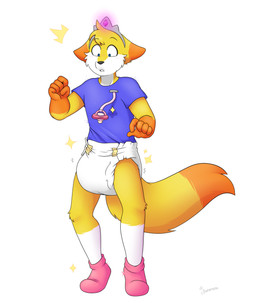anthro blue_eyes blush booties clothing crown diaper dipstick_tail fur headgear male markings orange_body orange_fur pacifier shirt simple_background solo sparkles standing tail tail_markings tiara topwear white_body white_fur yellow_body yellow_fur bunana canid canine fox mammal hi_res