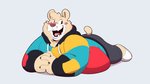 anthro blush bottomwear clothing hoodie male overweight overweight_anthro overweight_male pants simple_background solo topwear bennycartoonist breeze_in_the_clouds pile_(breeze_in_the_clouds) american_black_bear bear black_bear kermode_bear mammal ursine 2020 absurd_res hi_res