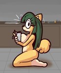 anthro big_breasts black_eyes black_nose breast_squish breasts covering covering_breasts covering_self eyewear female floor frown fur glasses gloves_(marking) green_hair hair holding_object kneeling laboratory leg_markings long_hair looking_at_viewer markings nipples nude pink_nipples side_view socks_(marking) solo squish surprised tan_body tan_fur tan_inner_ear tile tile_floor yellow_body yellow_fur ultilix canid canine canis domestic_dog mammal shiba_inu spitz 2025