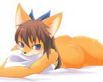 accessory anthro biped black_nose blue_eyes blush bow_(feature) bow_accessory bow_ribbon brown_hair butt centered_hair_bow female fur hair hair_accessory hair_bow hair_ribbon kemono long_hair lying nude on_front pillow ribbons simple_background solo white_background yellow_body yellow_fur rag._(artist) canid canine fox mammal