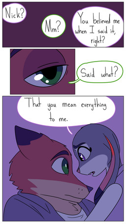 anthro clothed clothing dialogue duo female fur green_eyes grey_body grey_fur male orange_body orange_fur pointy_ears purple_eyes rabbit_ears hahstudios disney zootopia judy_hopps nick_wilde canid canine european_rabbit fox lagomorph leporid mammal oryctolagus rabbit red_fox true_fox comic