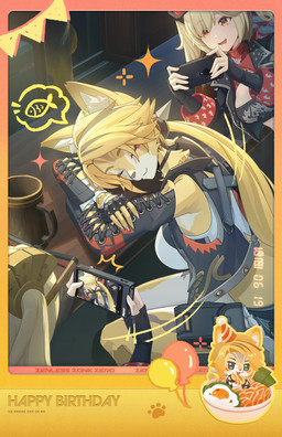 anthro beer_mug birthday black_clothing blonde_hair bowl breasts chibi clothed clothing container countershade_face countershade_legs countershade_thighs countershading countertop detailed_background duo ear_tuft electronics eyes_closed female food fried_egg fur fur_markings green_eyes hair hat headgear headwear holding_object holding_phone markings open_mouth party_hat phone ponytail red_clothing sleeping smile sushi taking_picture text topwear tuft white_body white_clothing white_fur yellow_body yellow_fur unknown_artist mihoyo zenless_zone_zero burnice_white pulchra_fellini felid feline human mammal thiren absurd_res digital_media_(artwork) english_text hi_res official_art