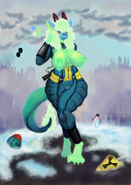 anthro big_breasts blue_body bodily_fluids breasts eyes_closed female green_body green_nipples gun handgun horn lactating nipples non-mammal_breasts non-mammal_lactation non-mammal_nipples ranged_weapon snow solo tail tail_tuft tuft weapon wide_hips moyco fallout microsoft mythology dragon mythological_creature mythological_scalie scalie absurd_res hi_res
