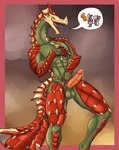 abs anthro balls beak biped blush bodily_fluids border brown_background erection genital_fluids genitals green_balls green_body grey_background male muscular muscular_anthro muscular_male open_mouth open_smile precum red_body red_border red_scales scales simple_background smile solo tan_beak tan_body chorsinnell39 capcom monster_hunter agnaktor leviathan_(mh) 2022 digital_media_(artwork) hi_res