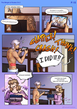 back_tattoo blonde_hair blue_eyes bra bruised clothing duo female hair humanoid_pointy_ears male not_furry picture_frame pointy_ears scar smile sparkles speech_bubble tan_body tan_skin tattoo text towel towel_only underwear white_hair wounded yellow_eyes fanimal_creations the_weight_of_scales drake_(the_weight_of_scales) iris_(the_weight_of_scales) elf human humanoid mammal absurd_res comic english_text hi_res
