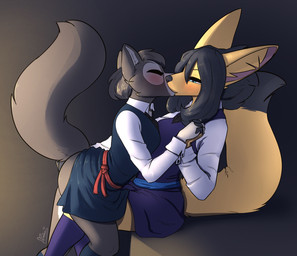 anthro black_hair black_nose blue_eyes blush butt butt_grab clothed clothing duo eyes_closed female fur gradient_background grey_body grey_fur gynomorph hair hand_holding hand_on_butt intersex kissing pinafore school_uniform simple_background tenting uniform yellow_body yellow_fur feretta fenavi_montaro vixavil_hayden canid canine fennec_fox fox mammal red_fox silver_fox true_fox 2022 digital_media_(artwork) hi_res shaded herm_(lore)