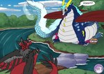 cake creek dessert food hungry overweight picnic river sparkles sparkling_eyes worried hyperchibiabsol mythology kellogg_(echance01) ryth_(rhythmagic) dragon dutch_angel_dragon mythological_creature mythological_scalie scalie absurd_res hi_res